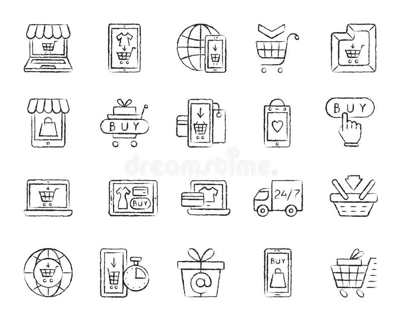 Online Shop Charcoal Draw Line Icons Vector Set Stock Vector Illustration Of Button Icon 125930156