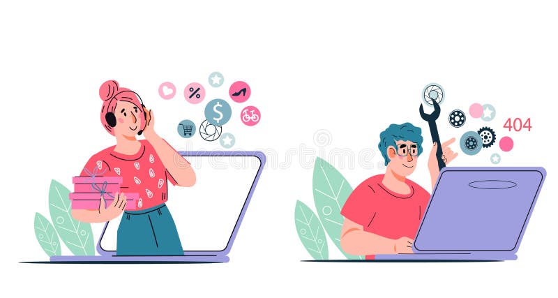 Online shop customers support services banners set. Technical assistance, vector. royalty free illustration