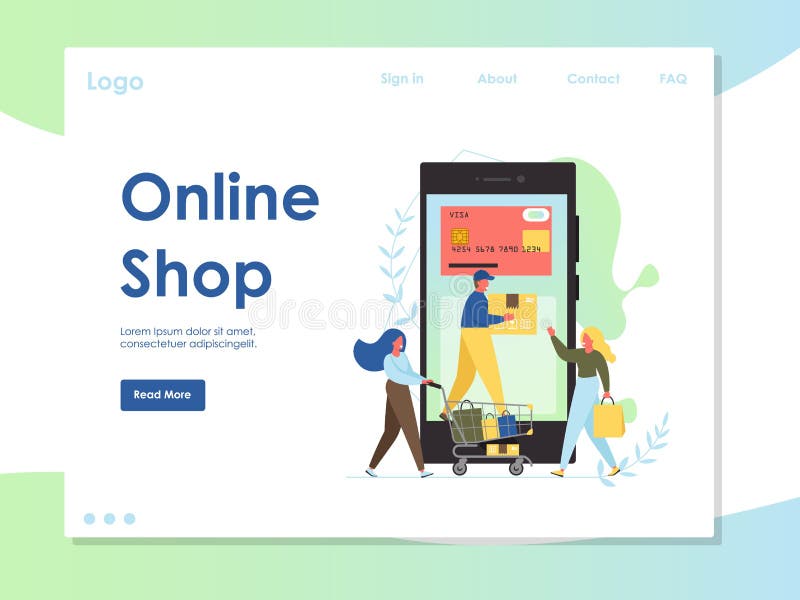 Online shop vector website landing page design template. Online shop vector website template, web page and landing page design for website and mobile site development. Online store app, internet payment, delivery service concept.