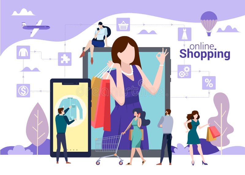 Online-shoppa vektorbegrepp med folk som väljer, köpa och bärapåsar med köp stock illustrationer Online-shoppa vektorbegrepp med folk som väljer, köpa och bärapåsar med köp stock illustrationer