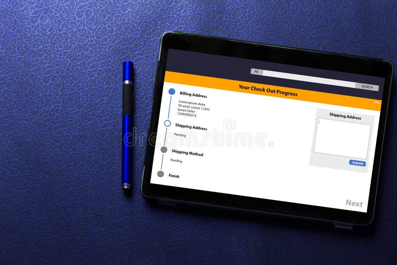 Online shopping with app on tablet screen with blue pen on blue pattern