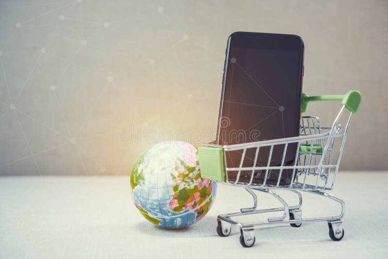 Online Shopping Background. E-commerce Marketing Technology, Shopping Cart  on Stacked Mobile, Tablet and Laptop with Connection Stock Photo - Image of  commerce, mobile: 144918178