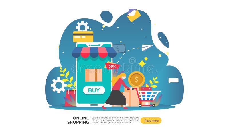 Online shopping banner. Business concept for Sale e-Commerce with smartphone and tiny people character. template for web landing royalty free illustration Online shopping banner. Business concept for Sale e-Commerce with smartphone and tiny people character. template for web landing royalty free illustration