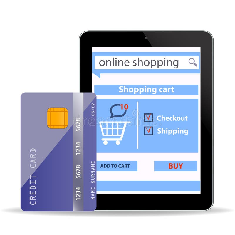 Online Shopping concept e-commerce technology with modern tablet pc and credit card isolated on white stock illustration