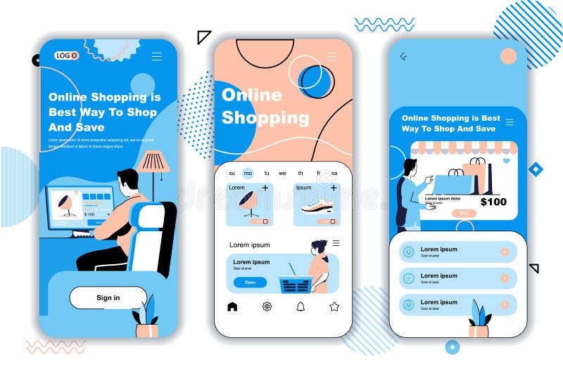 Online shopping concept onboarding screens for mobile app stock illustration