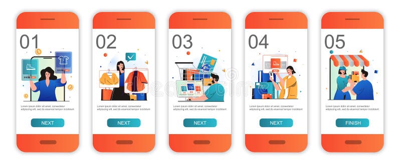 Online shopping concept onboarding screens for mobile app royalty free illustration