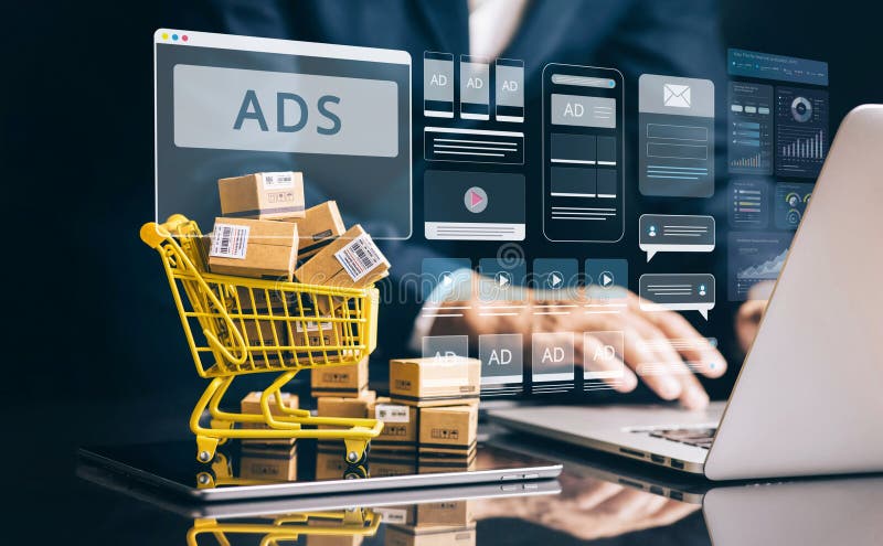 Online shopping with customer service and support. Kpi system and data analysis. Digital marketing. Planning and strategy. Ads stock images