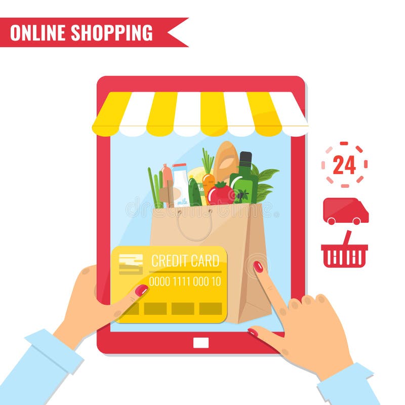 Online-shopping, e-kommers begrepp royaltyfri illustrationer Online-shopping, e-kommers begrepp royaltyfri illustrationer