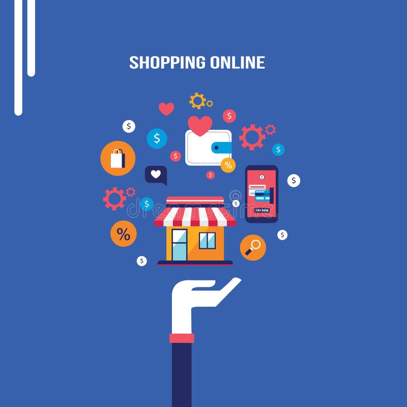 Online-shopping för mobil betalning och e-kommers begrepp vektor illustrationer Online-shopping för mobil betalning och e-kommers begrepp vektor illustrationer
