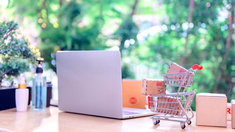 Online shopping and home delivery concept. Lock down and Self-quarantine for work home. SME business and e-commerce