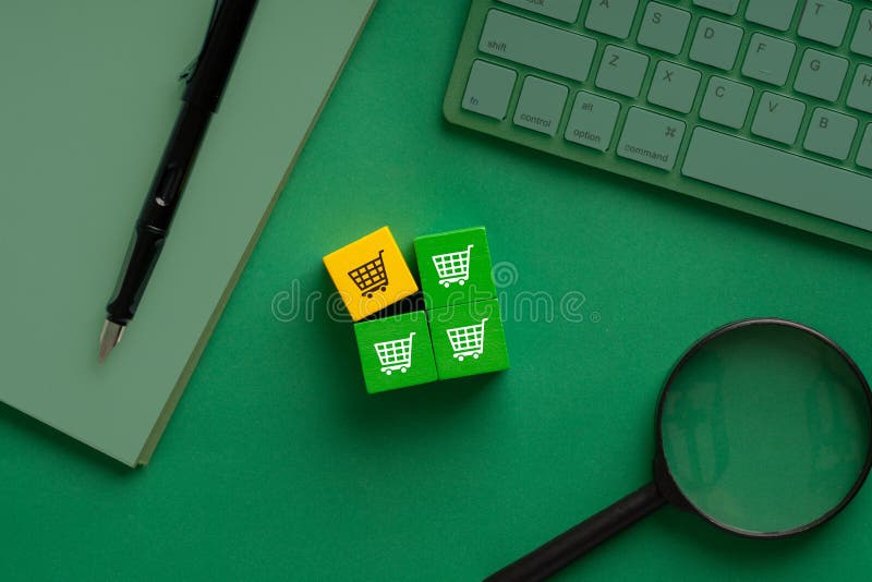 Online shopping icon on colorful puzzle cube royalty free stock image