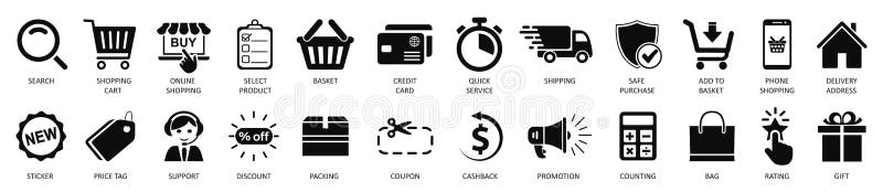 Online shopping icons set  shopping process  order  parcel  processing bar  packing  delivery signs  set shop e-commerce signs