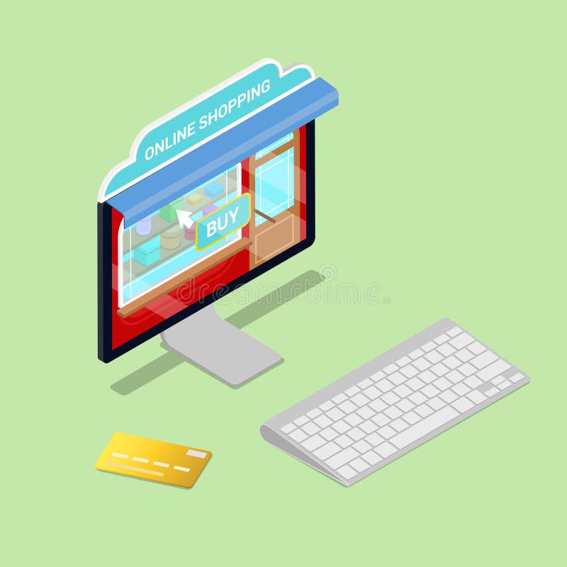Online Shopping. Isometric Computer. Electronic commerce royalty free illustration