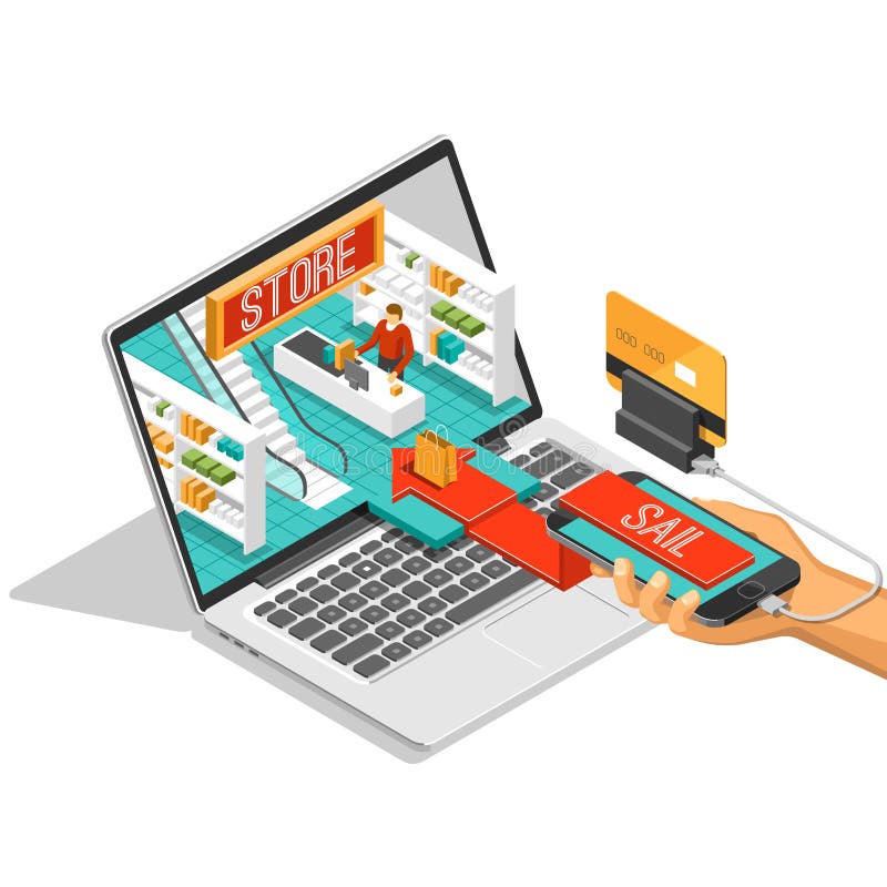 Online shopping isometric shadow illustration with mobile phone, laptop, stores orders isolated vector illustration stock illustration Online shopping isometric shadow illustration with mobile phone, laptop, stores orders isolated vector illustration stock illustration