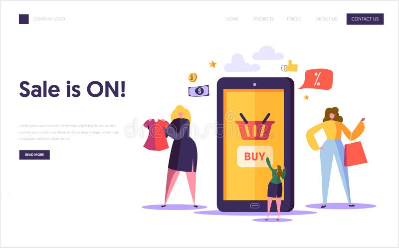 Online Shopping Landing Page Template. Characters Buying Clothing in Internet Store Using Smartphone, E-commerce Concept royalty free illustration