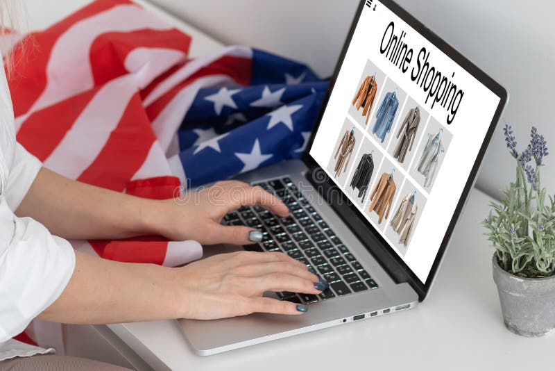 Online Shopping Laptop with Laptop Computer, America Flag. Stock Image