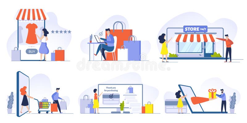 Online-Shopping, Mobile Shopping, Internet-Store und Shop-Website auf Smartphone-Vektor-Illustrationssatz Kunden stock abbildung