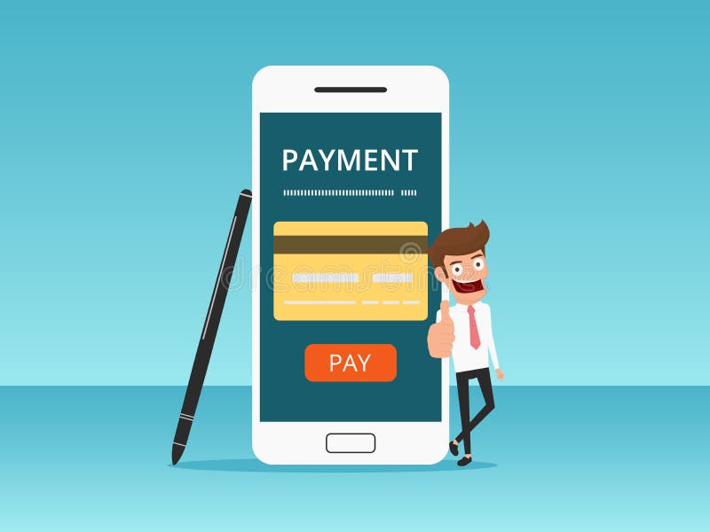 Online shopping and mobile payments concept. Businessman showing thumb up. vector illustration