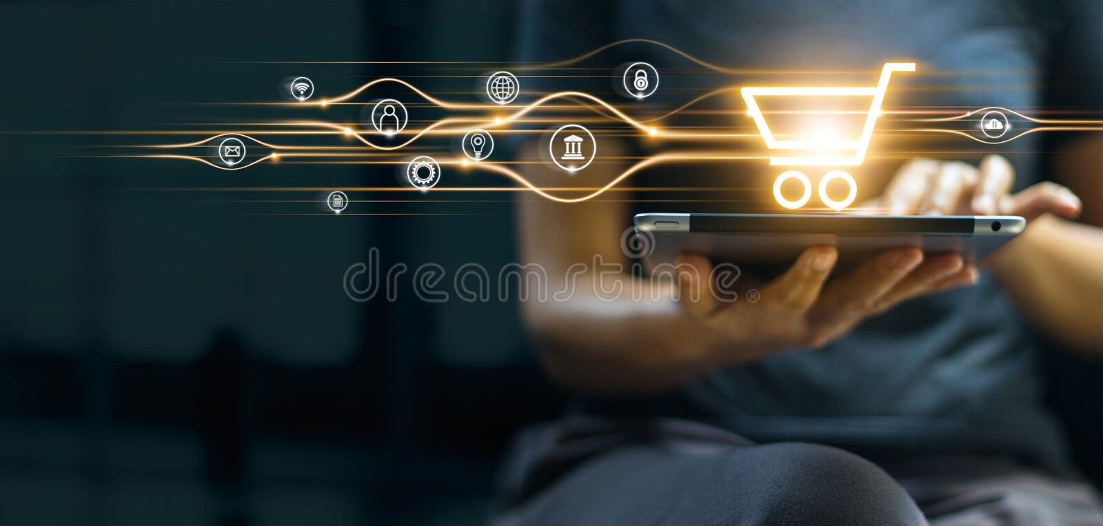 Online shopping and payment man using tablet with shopcart icon digital marketing banking and finance on dark blue Online shopping and payment man using tablet with shopcart icon digital marketing banking and finance on dark blue