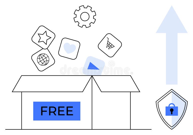 Online Shopping and Security Free E-commerce Apps Emerging from Open Box with Arrow and Shield royalty free illustration
