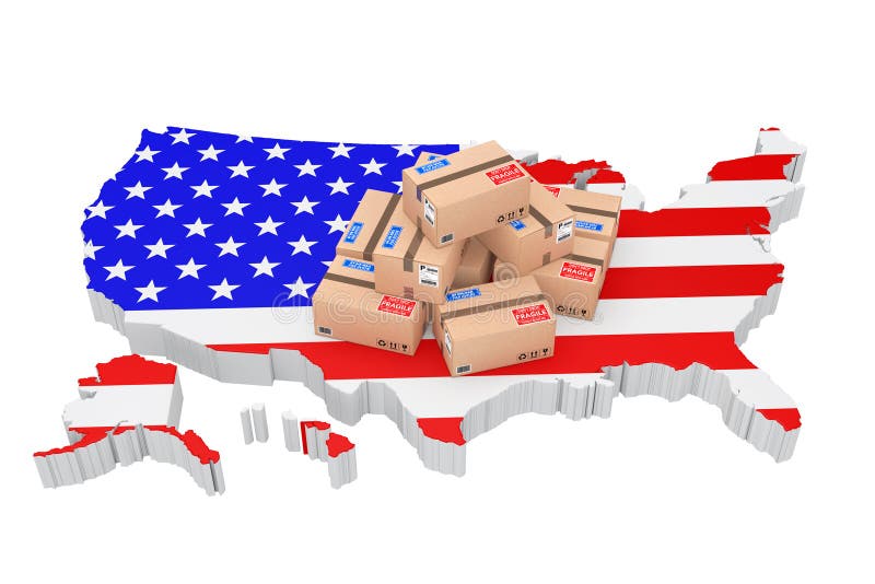 Online Shopping in USA Concept. Parcels Over USA Map. 3d Renderi Stock