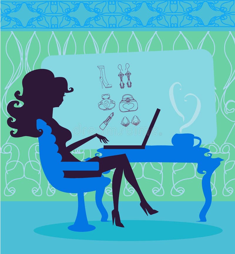 Pripojený do internetovej siete nakupovanie mladý usmievavá žena prenosný počítač výpočtovej.