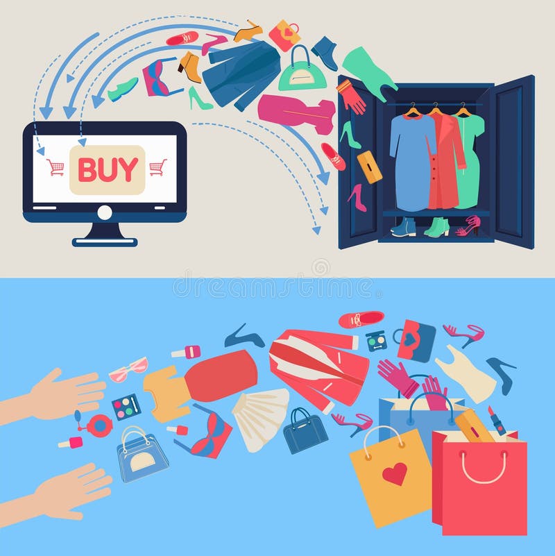 Online-shoppingbegrepp i plan design vektor illustrationer Online-shoppingbegrepp i plan design vektor illustrationer