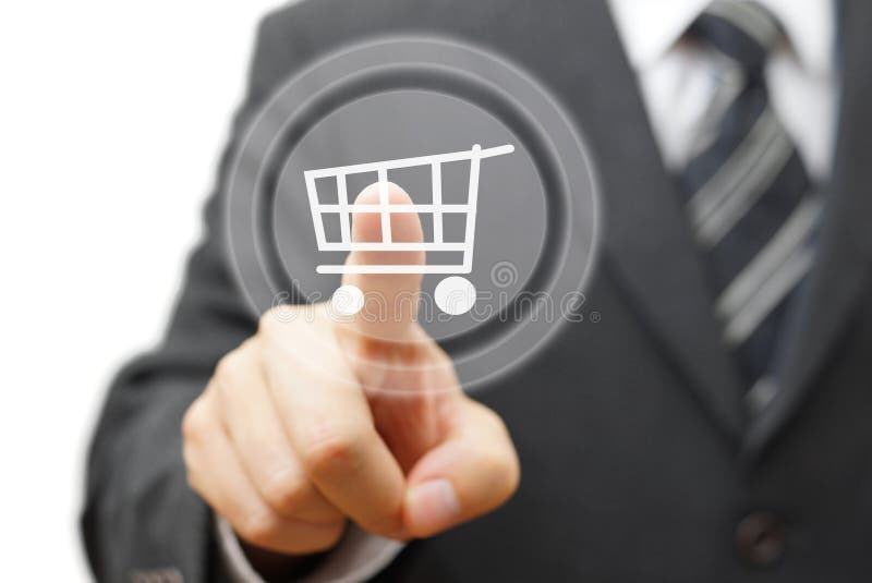 Online-shoppingbegrepp med rörande faktisk shopp för affärsman royaltyfria foton