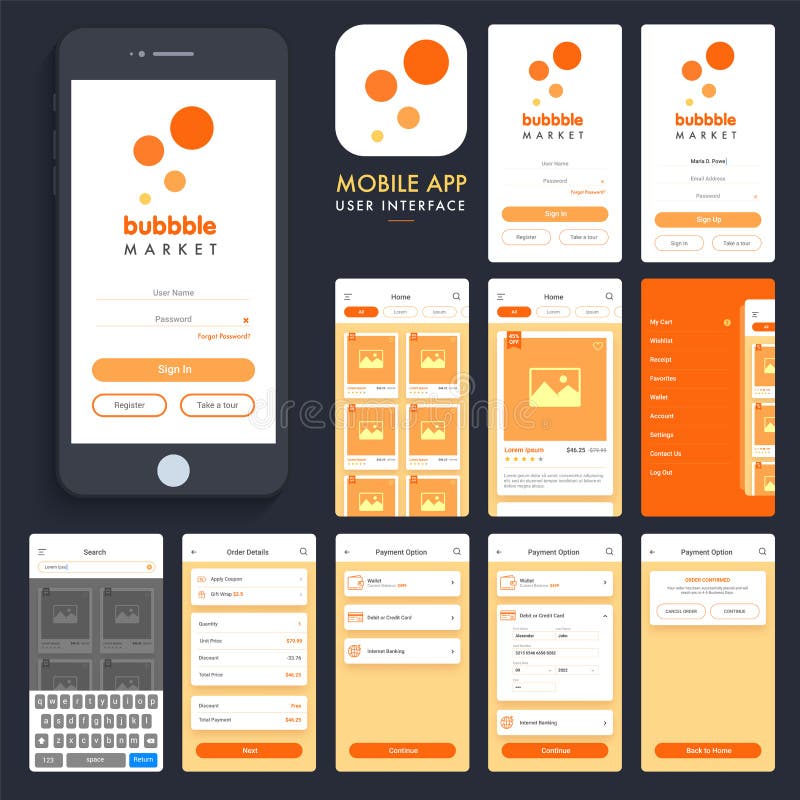 Online-shoppingmobil App UI, UX skärmar