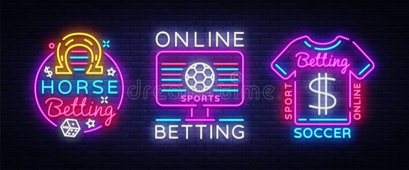 Online-slå vad samlingsneontecken Slå vad för sportar Hästkapplöpning fotboll, online-slå vad logoneon, ljust baner stock illustrationer Online-slå vad samlingsneontecken Slå vad för sportar Hästkapplöpning fotboll, online-slå vad logoneon, ljust baner stock illustrationer