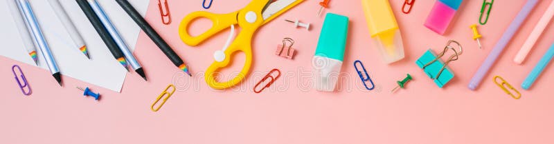 Back to school concept. Copy space. Pink bg royalty free stock photography