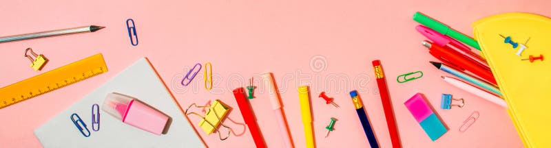 Back to school concept. Copy space. Pink bg stock photography