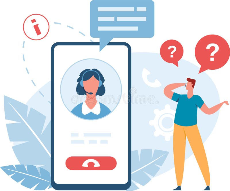 Online support center operator helping customer solving problems using mobile app and providing technical assistance vector illustration