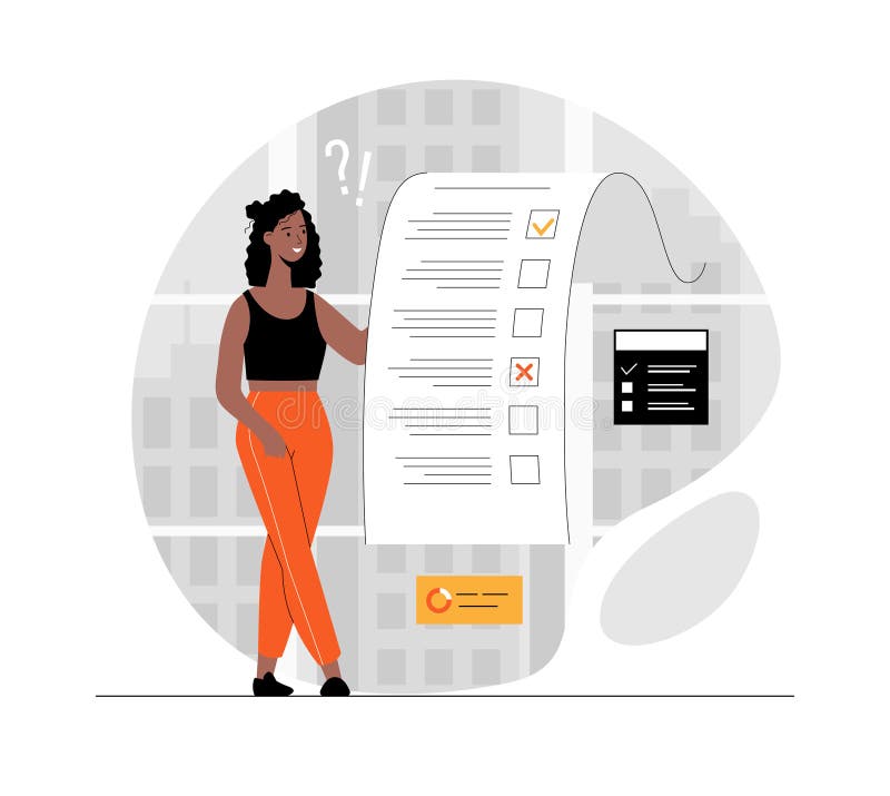 Online survey concept. Woman with digital document, checklist , customer questionnaire, feedback service. stock illustration