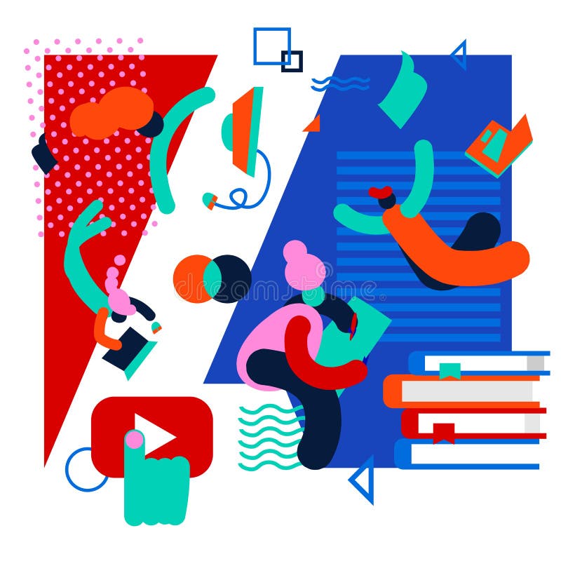 Online training. E-learning vector illustration of people using laptop and tablet for online distance studying and royalty free illustration