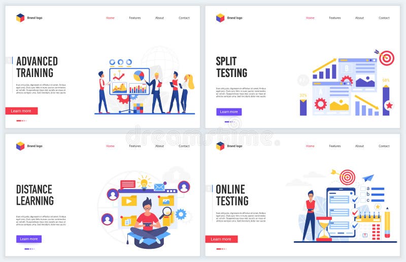 Online training education technology vector illustration set with flat cartoon educational tech courses or school, split vector illustration