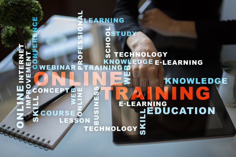 Online training on the virtual screen. Education concept. Words cloud. royalty free stock photos Online training on the virtual screen. Education concept. Words cloud. royalty free stock photos
