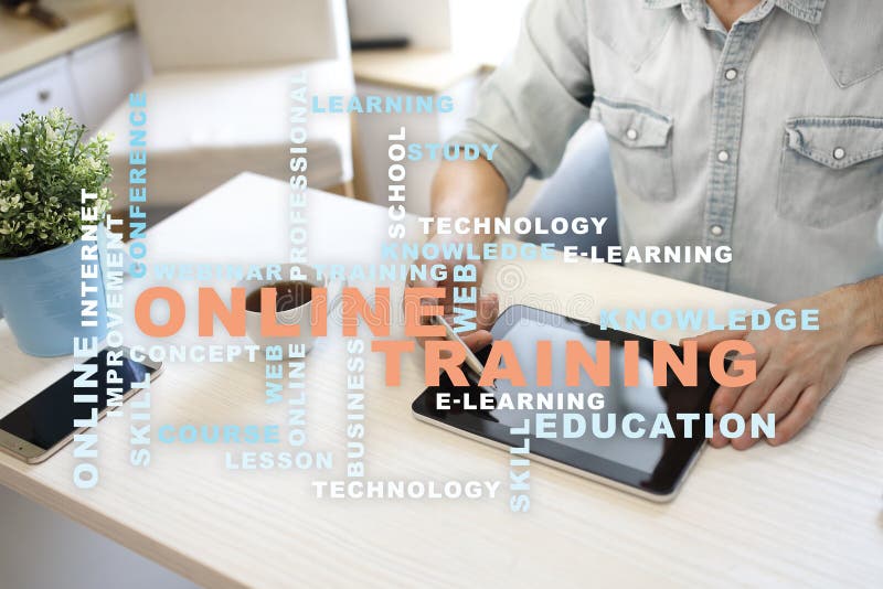 Online training on the virtual screen. Education concept. Words cloud. stock images Online training on the virtual screen. Education concept. Words cloud. stock images