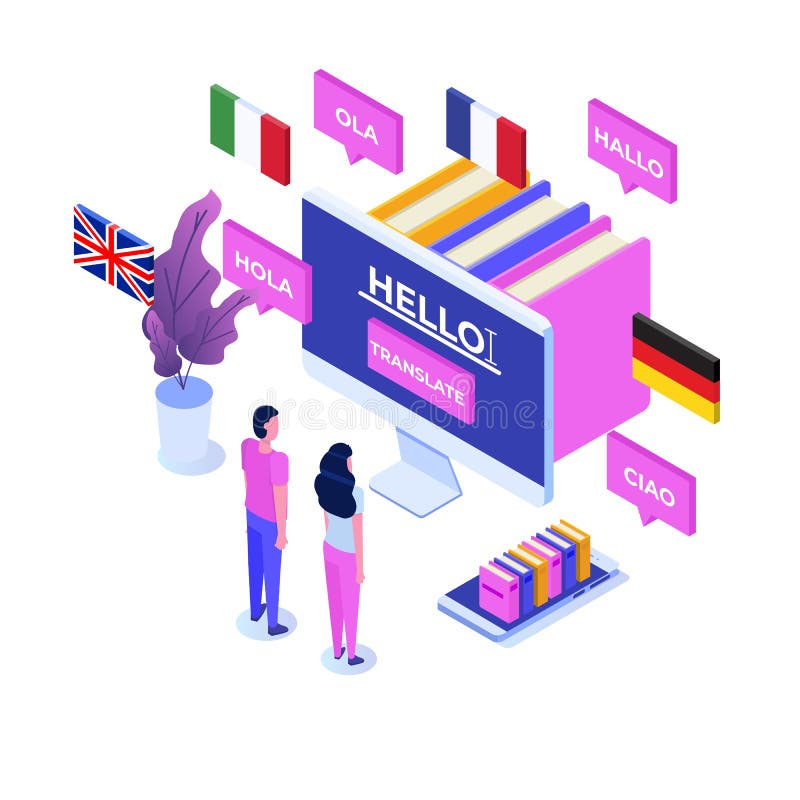 Online Translation Agency Isometric Concept. Interpretation Services