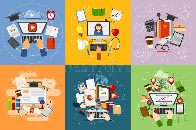 Online van het de studie vlakke ontwerp van het onderwijsconcept de het Web mobiele diensten e-leert leert de informatievector va stock illustratie Online van het de studie vlakke ontwerp van het onderwijsconcept de het Web mobiele diensten e-leert leert de informatievector va stock illustratie