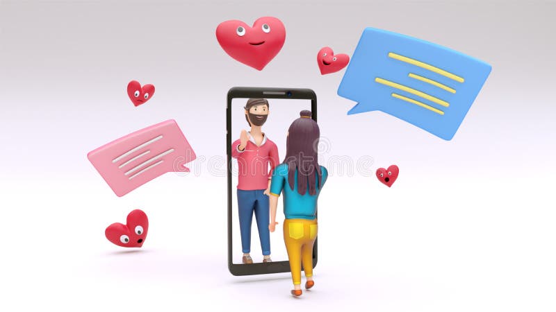 Online video calling lover boy and girl between by smartphone with chatting box and hearts shape