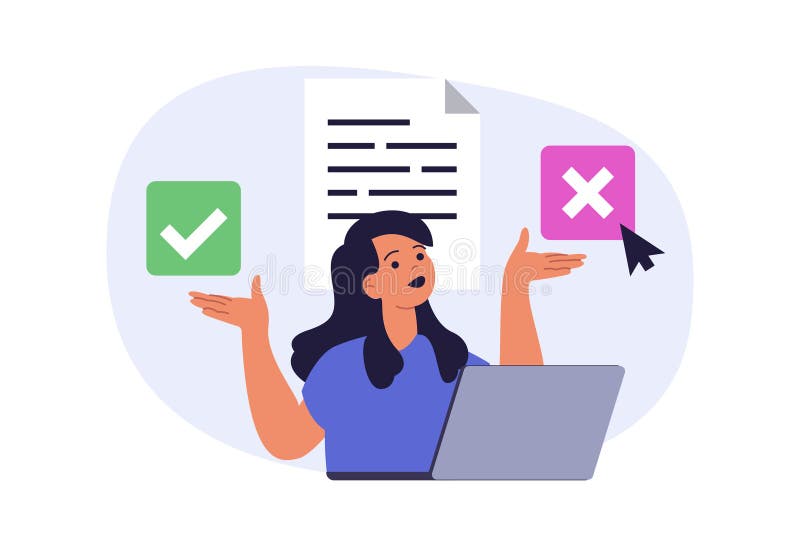 Online voting concept in modern flat design for web. Woman thinking, supporting and choosing her candidate in election vector illustration