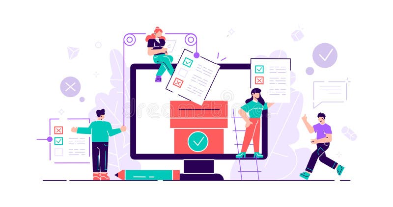 Online voting mini people with computer royalty free illustration