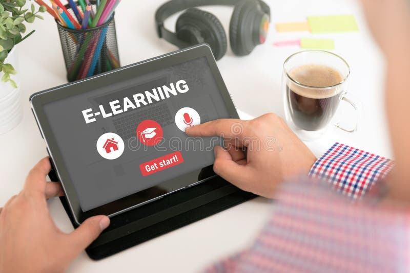 Online webinar concept, man using e-learning app royalty free stock photography