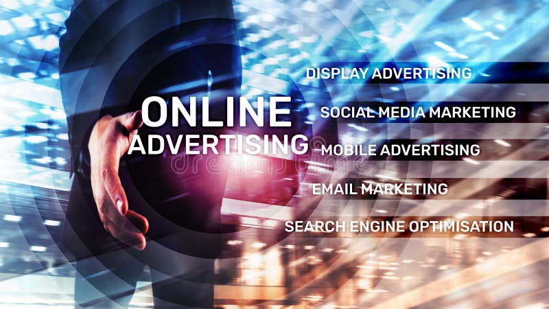 Online-Werbung, Digital-Marketing Geschäfts- und Finanzkonzept auf virtuellem Schirm vektor abbildung Online-Werbung, Digital-Marketing Geschäfts- und Finanzkonzept auf virtuellem Schirm vektor abbildung