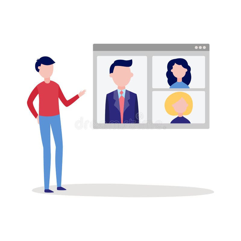Online wideo wezwania gadki konferencja z mężczyzna używa przyrządu ekran converse z grupą ludzi ilustracji Online wideo wezwania gadki konferencja z mężczyzna używa przyrządu ekran converse z grupą ludzi ilustracji