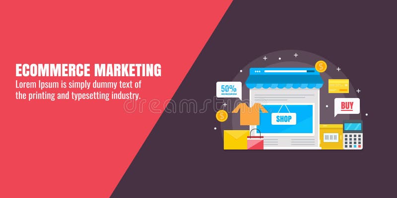 Online winkelend, elektronische handel marketing, online opslag, marketing technologie, bedrijfsstrategieconcept Vlakke ontwerp v vector illustratie Online winkelend, elektronische handel marketing, online opslag, marketing technologie, bedrijfsstrategieconcept Vlakke ontwerp v vector illustratie