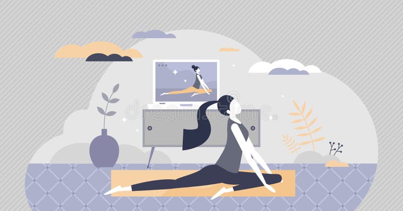 Online yoga exercise with distant instructor training tiny person concept. Body stretching activity example from video stream trainer vector illustration. Home fitness program for healthy, fit female.