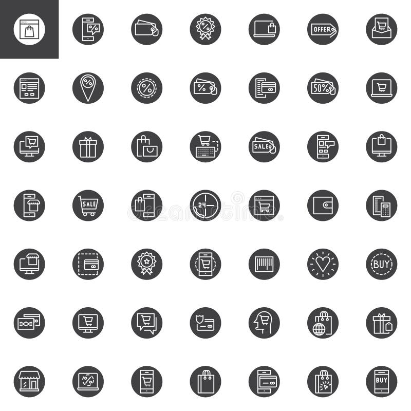 Online zakupy, ecommerce wektorowe ikony ustawiać, nowożytna stała symbol kolekcja, wypełniająca stylowa piktogram paczka Znaki, logo ilustracja Set zawiera ikony jako metka, rabat etykietka, kredytowa karta