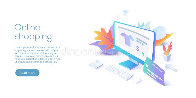 Online zakupy lub handel elektroniczny isometric wektorowa ilustracja int ilustracji Online zakupy lub handel elektroniczny isometric wektorowa ilustracja int ilustracji